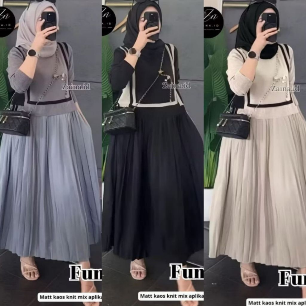Fumiko Midi Dress Outfit Trending Muslim Fashion Nable Terbaru Kaos Knit Premium Mix plikasi Plisket