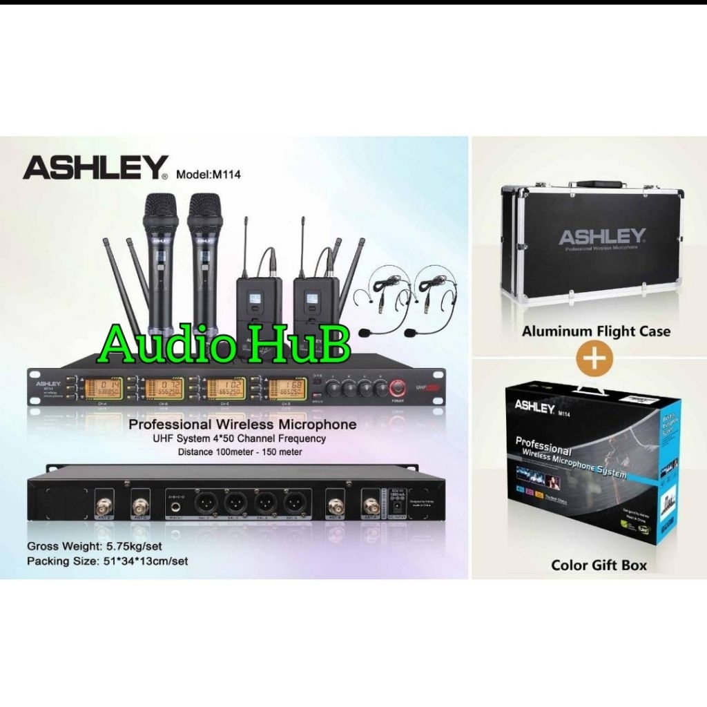 Mic Wireless Ashley  M114/ M 114  2  Mic Pegang 2 Mic Jepit 2 Headset  Original