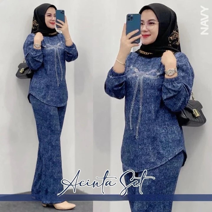 Setelan Wanita Kekinian Viral Acinta Set WD Size M L XL XXL XXXL LD 100-130 CM Bahan Knit Jeans Baby