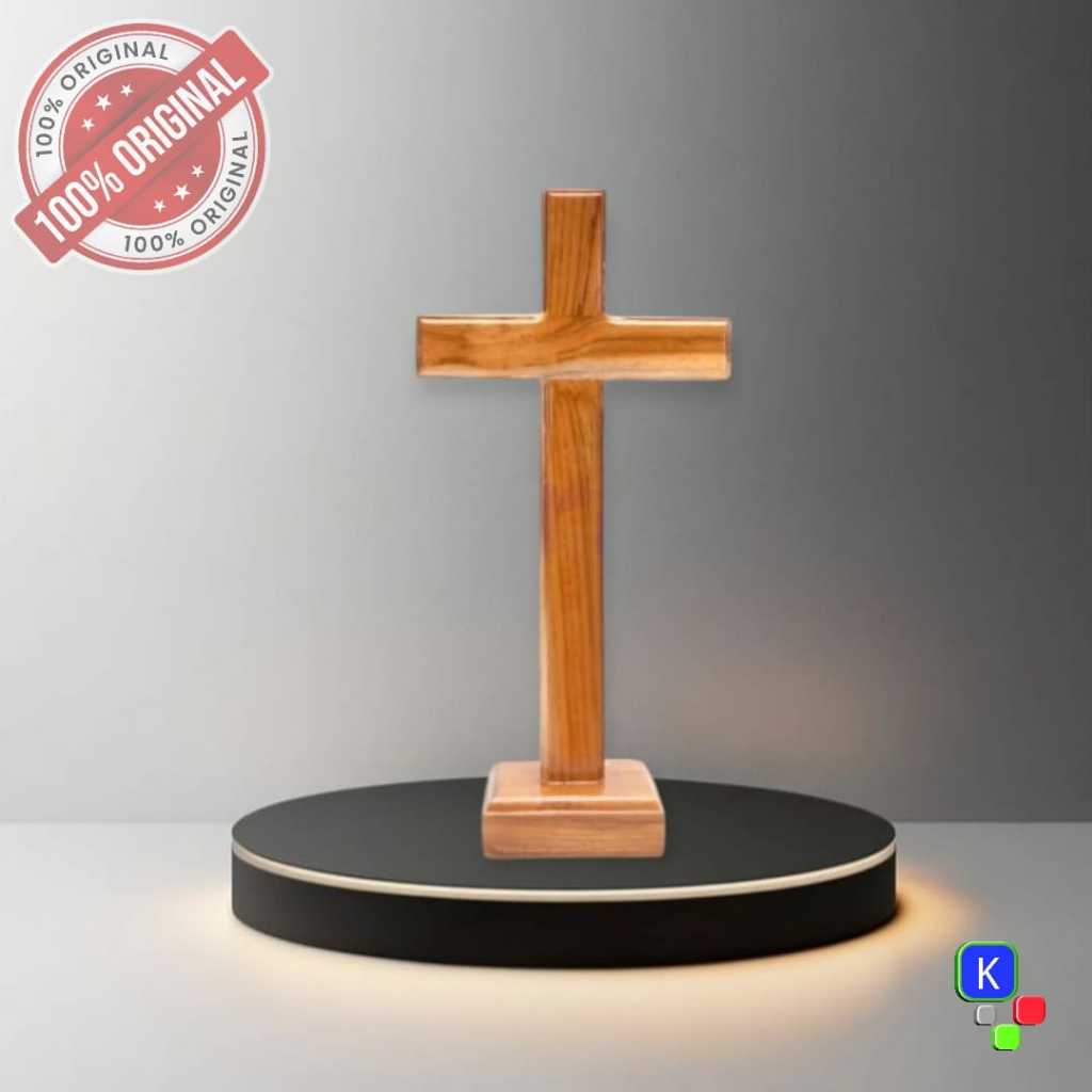 Salib Duduk dari Kayu Jati - Hiasan Meja Elegan untuk Rumah & Gereja