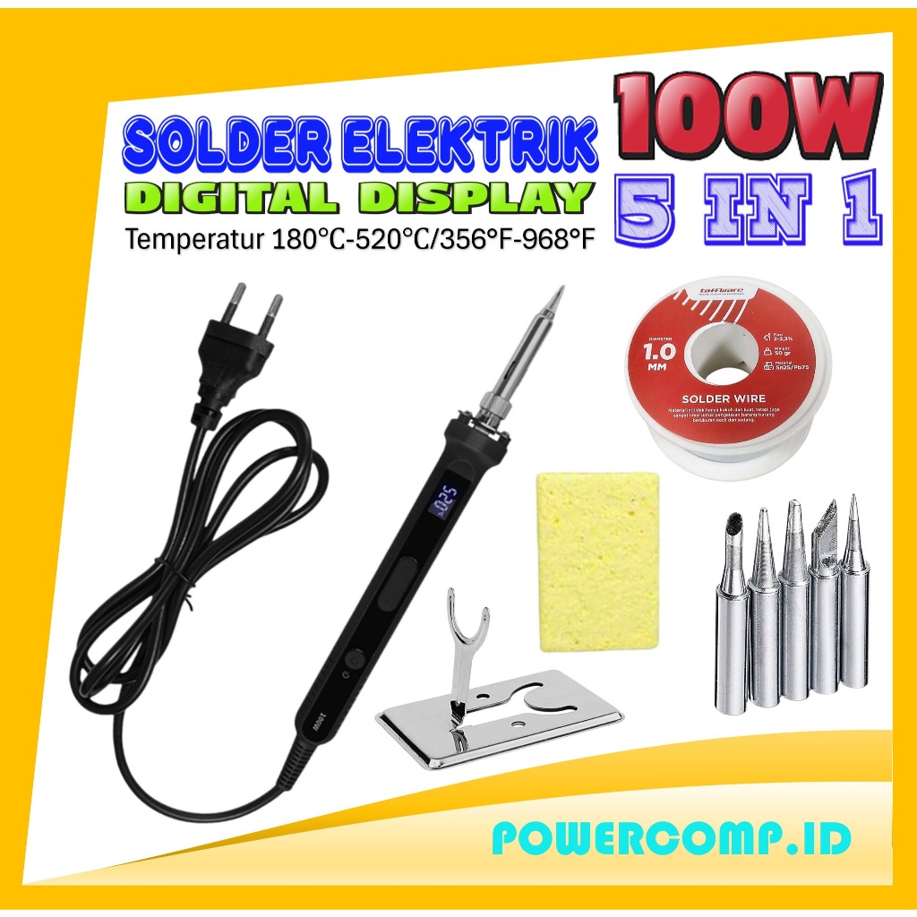 Solder Digital 100W Paket 5 in 1 | Alat Solder Elektrik Adjustable Temperature Presisi | 5 Mata Sold