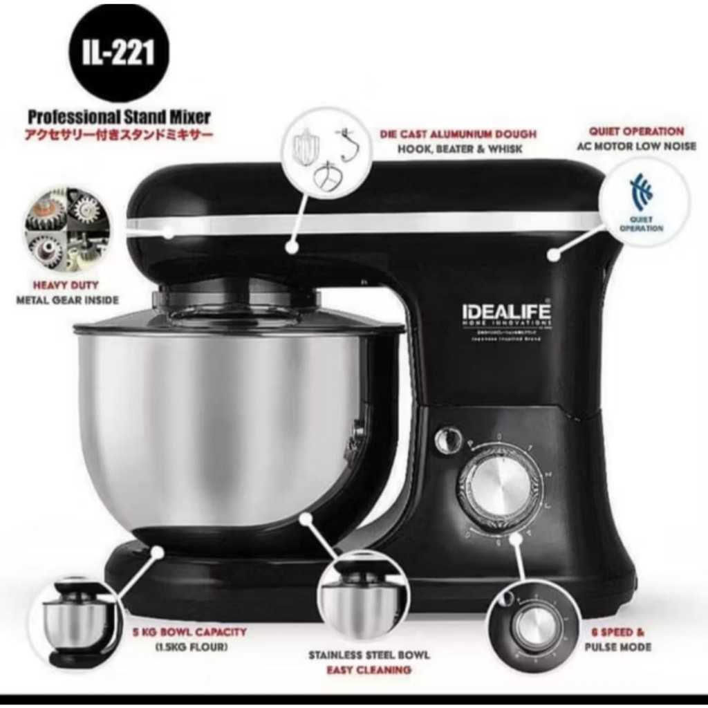 Stand Mixer Idealife IL-221 Low Watt Mixer Roti Kue 6 Speed Heavy Duty Stainless Steel batam