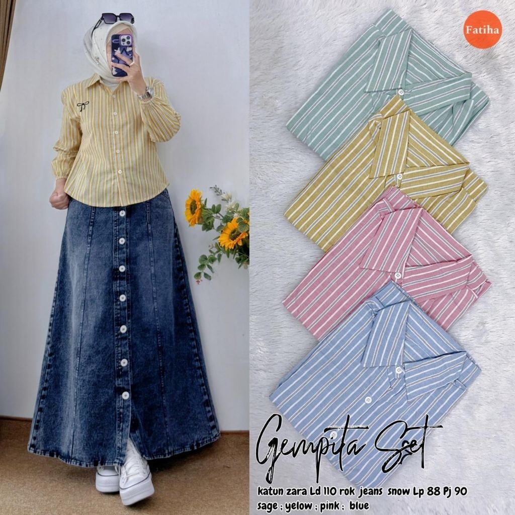 FATIHA - Gempita Set Rok | Oneset Wanita Kemeja Katun Zara + Rok Jeans Terbaru