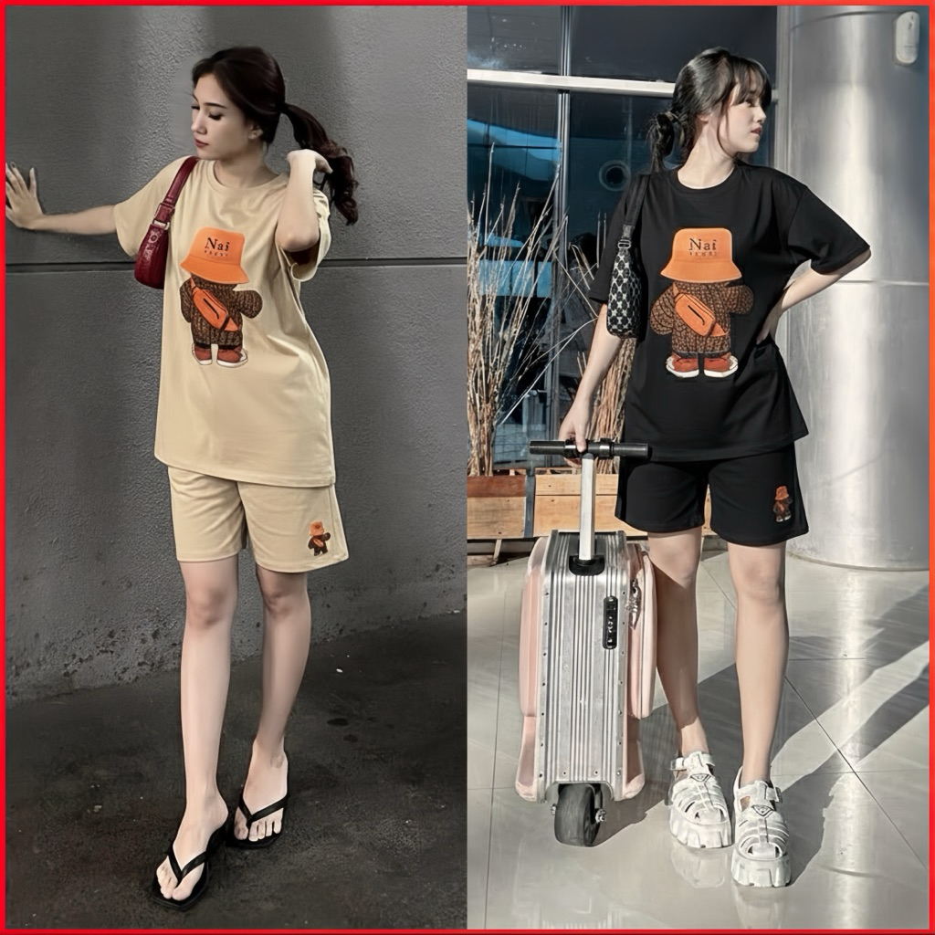 Pariroo Setelan Kaos Pendek Wanita Korean Style “Nai Bear” | Baju Santai Oversize Premium Nyaman Dip