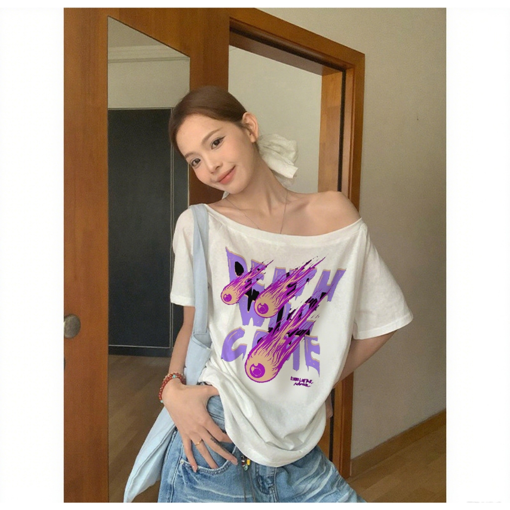 Soso Meteor ungu Pola trendi putih cetak kaos lengan pendek wanita longgar off-the-shoulder top kaos