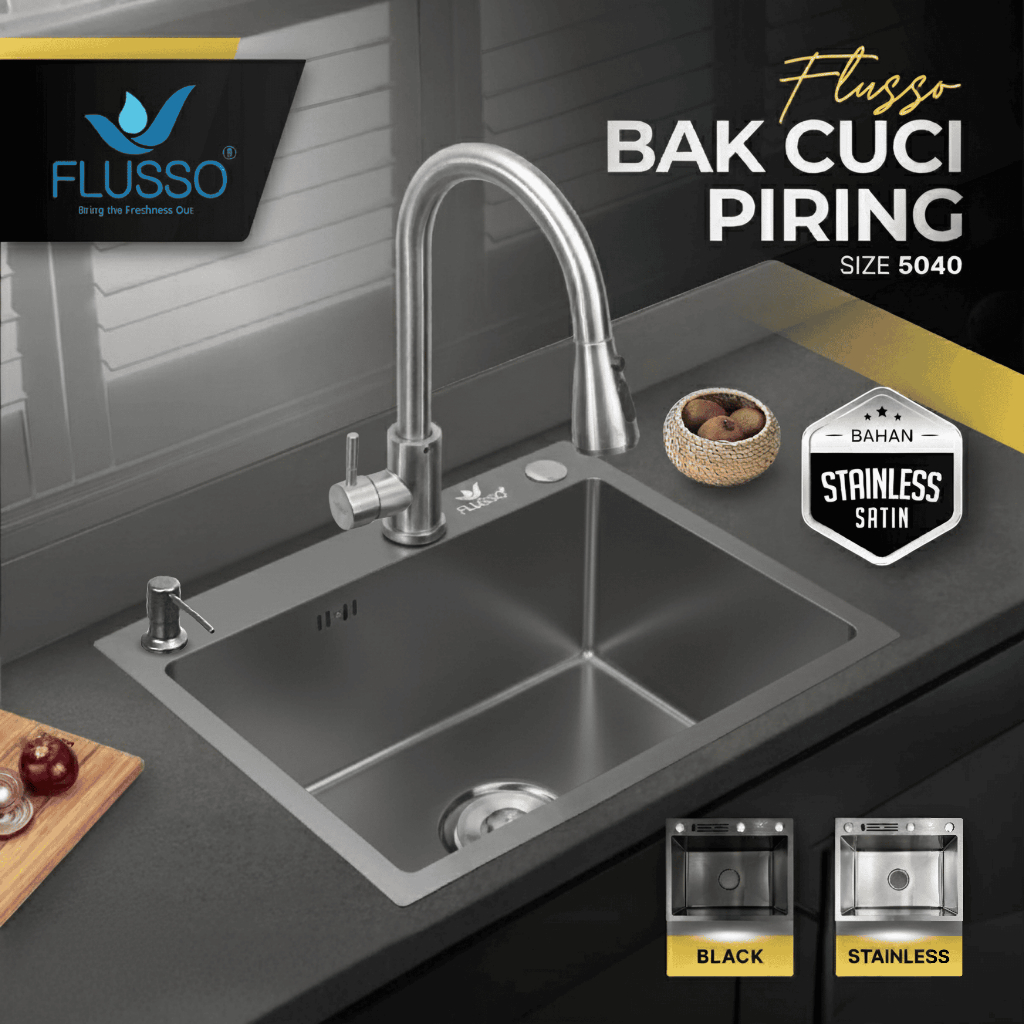 Sink Cuci Piring Black Stainless Set Kitchen Sink Bowl 1 Lubang 5040 FLUSSO Bak Cuci Piring 3114