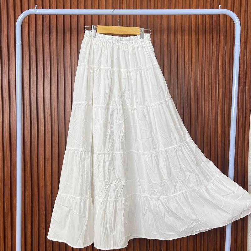 CAFAYA Rok Wanita Import  Rok Panjang Pita  Long Skirt Putih Model Panjang Susun