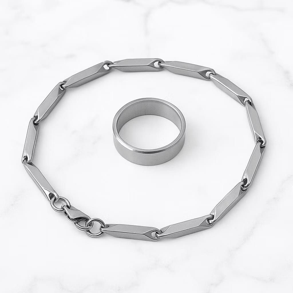 original satu set gelang rantai padi titanium dan cincin polos pria wanita