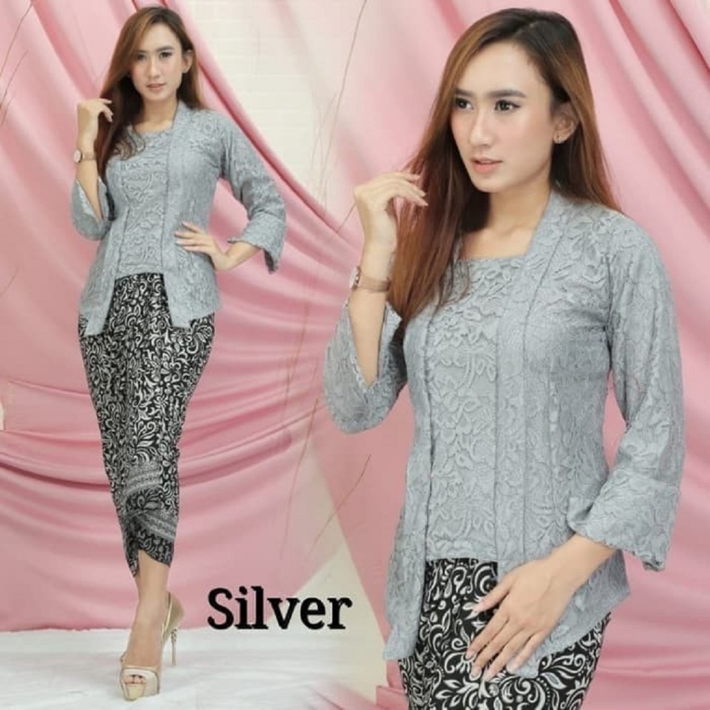 Set Kebaya Wanita Model Kutubaru Modern Bahan Brukat Full Puring Warna Silver