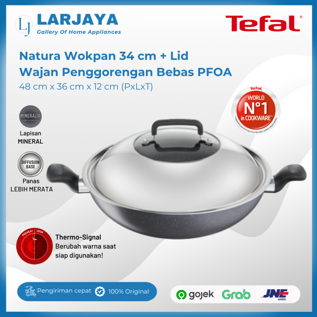 Tefal Natura Wok 34 cm + Lid Wajan Anti Lengket 34 cm Natura dengan Teknologi Thermosignal