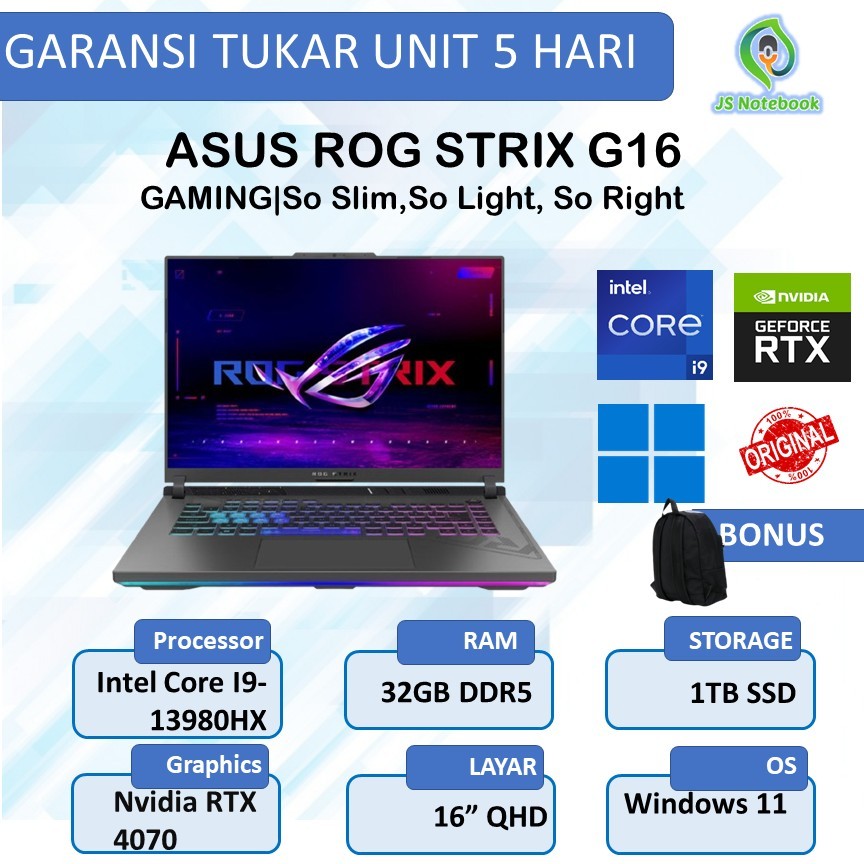 ASUS ROG STRIX G16 G614JI I9 13980HX RTX4070 8GB/ 32GB 1TB W11 16.0QHD IPS