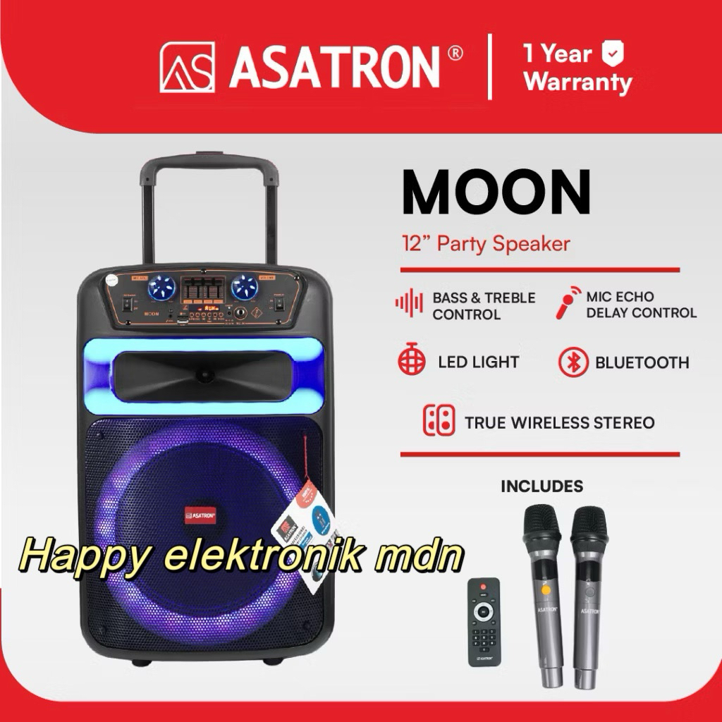 Asatron Moon 12 Inch Bluetooth Party Speaker with 2 Wireless Mic TWS 12 inci