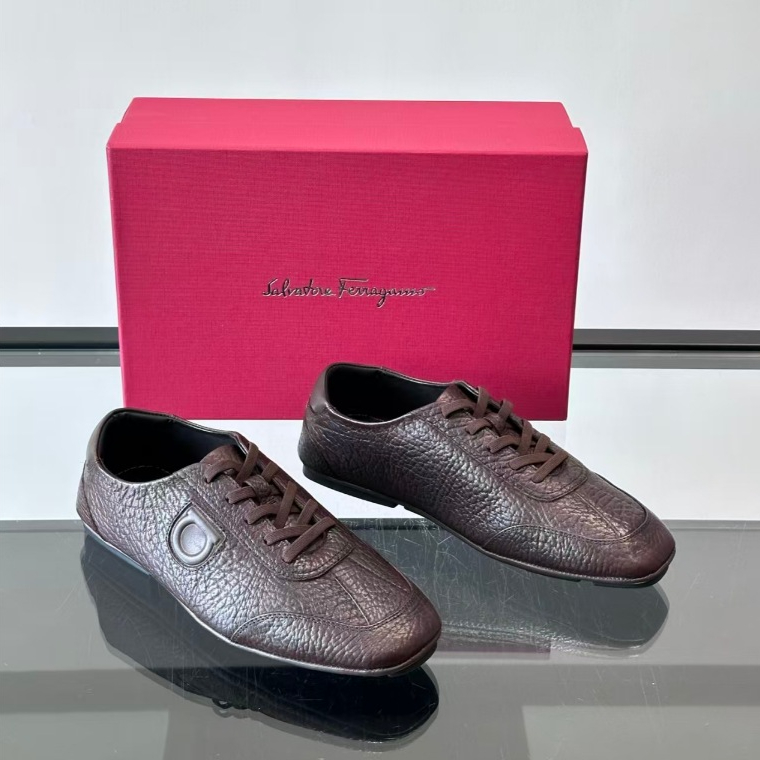 Ferragamo new men's casual shoes, high-quality genuine leather low top flat shoes