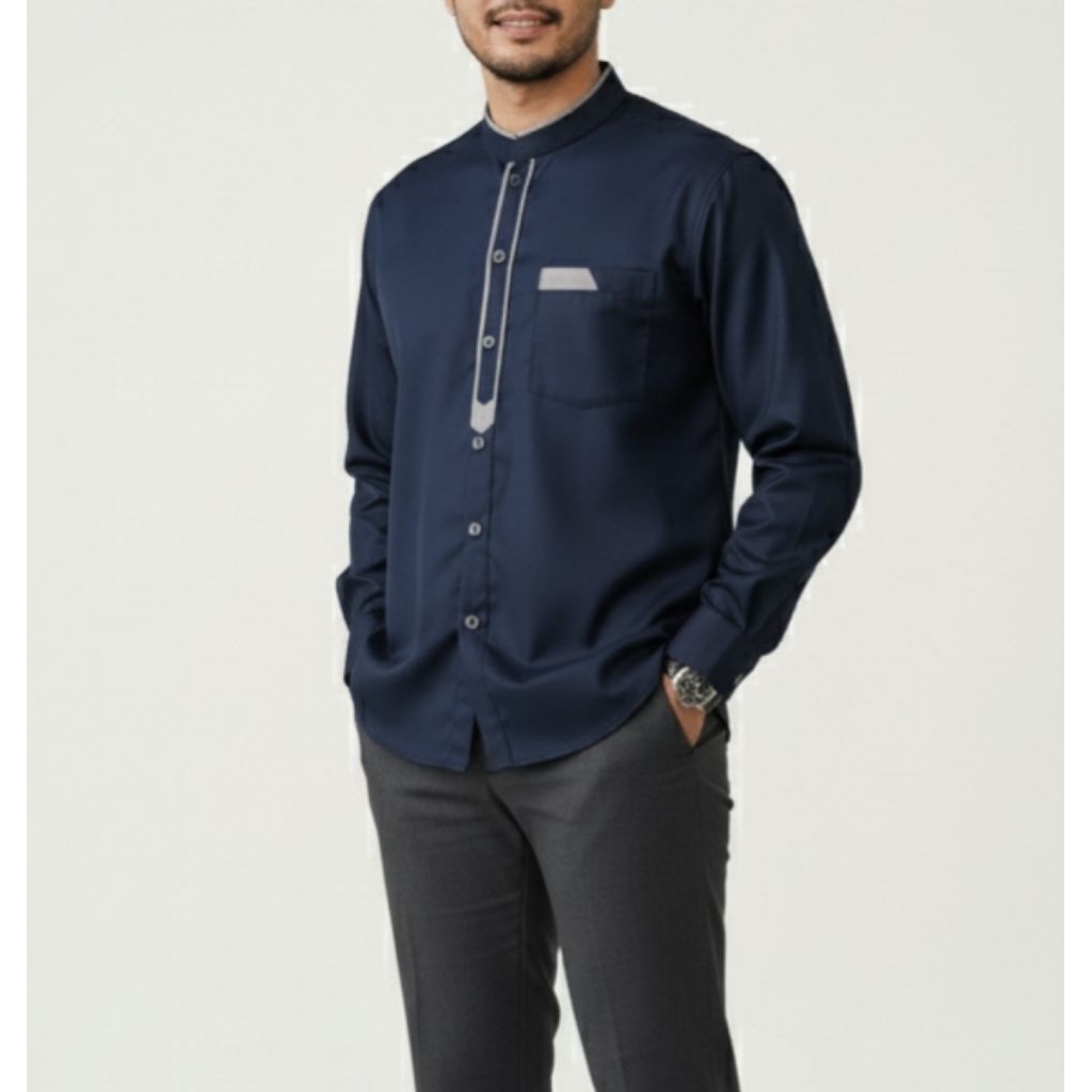 Atasan Baju Kemeja Koko Navy Lengan panjang katun Toyobo premium