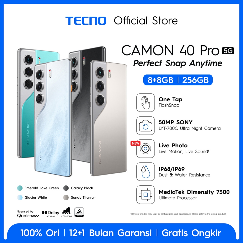 [FLASHSNAP PRO] TECNO CAMON 40 Pro 5G 8+8GB*256 GB, Mediatek D7300 Ultimate, 6.78” FHD+144HZ 3D Curv