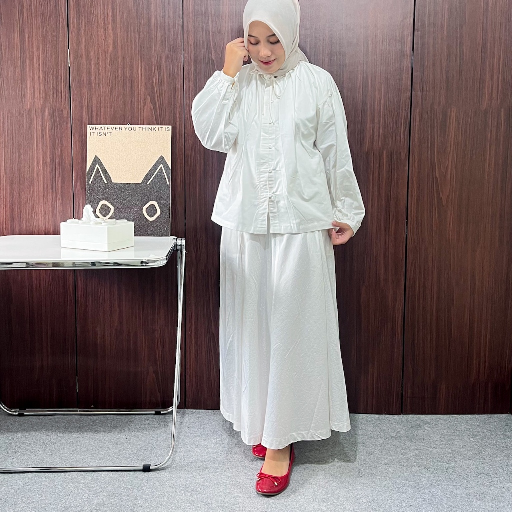 Oneset Wanita Rok Panjang | Set Kemeja & Rok Casual Elegan Korea | Benang Baju