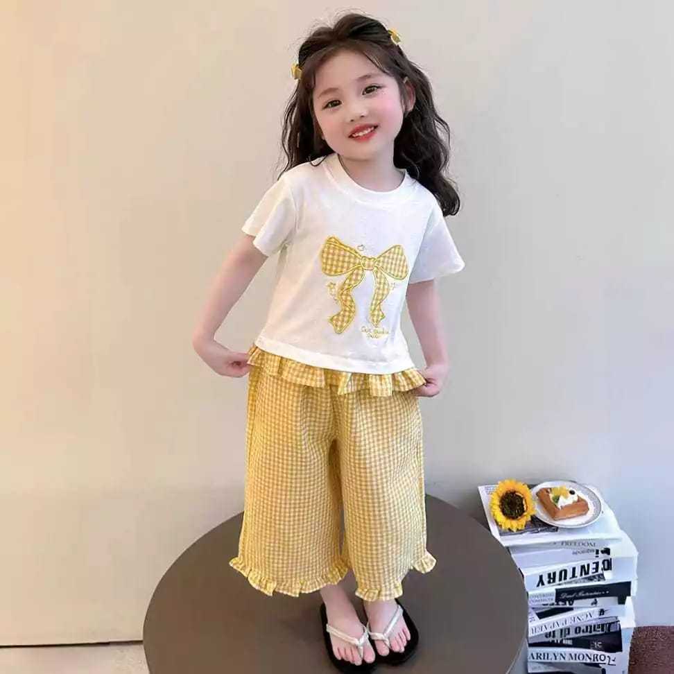 Set Baju Anak Perempuan Kekinian Motif Pita Celana Panjang Kotak Kotak Variasi Rempel usia 1-6tahun 