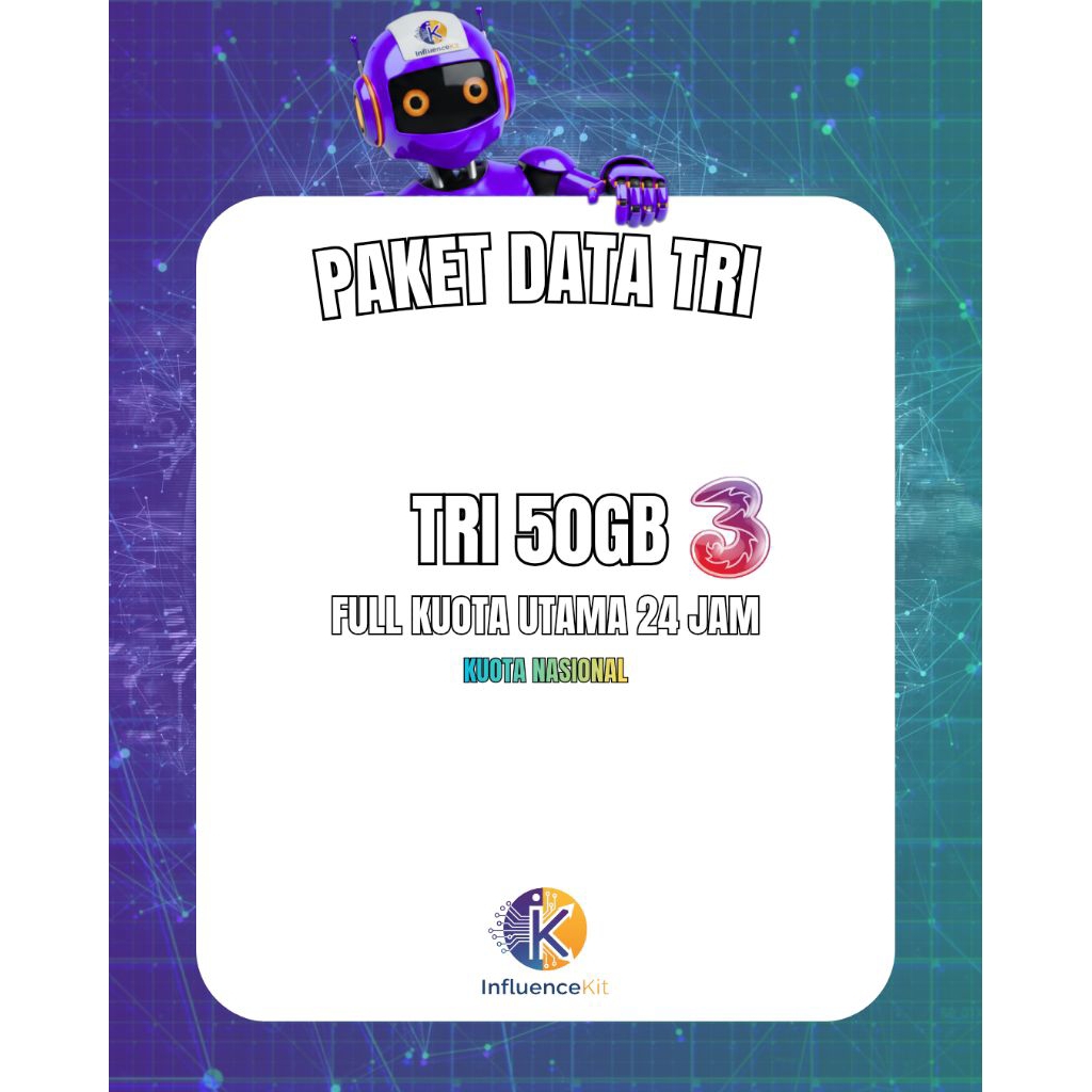 Tri Three 3 - Paket Data Kuota 50GB Full 24 Jam Tanpa Pembagian