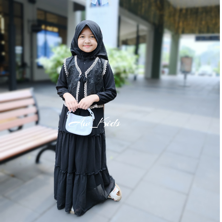 Baju Gamis Hitam Putih Ceruty Anak Perempuan Usia 3 Sampai 12 Tahun