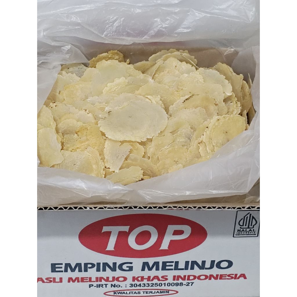 Belinjo | Emping Melinjo Mentah Cap TOP tipis  kualitas super kemasan dus 1kg. ukuran 4cm