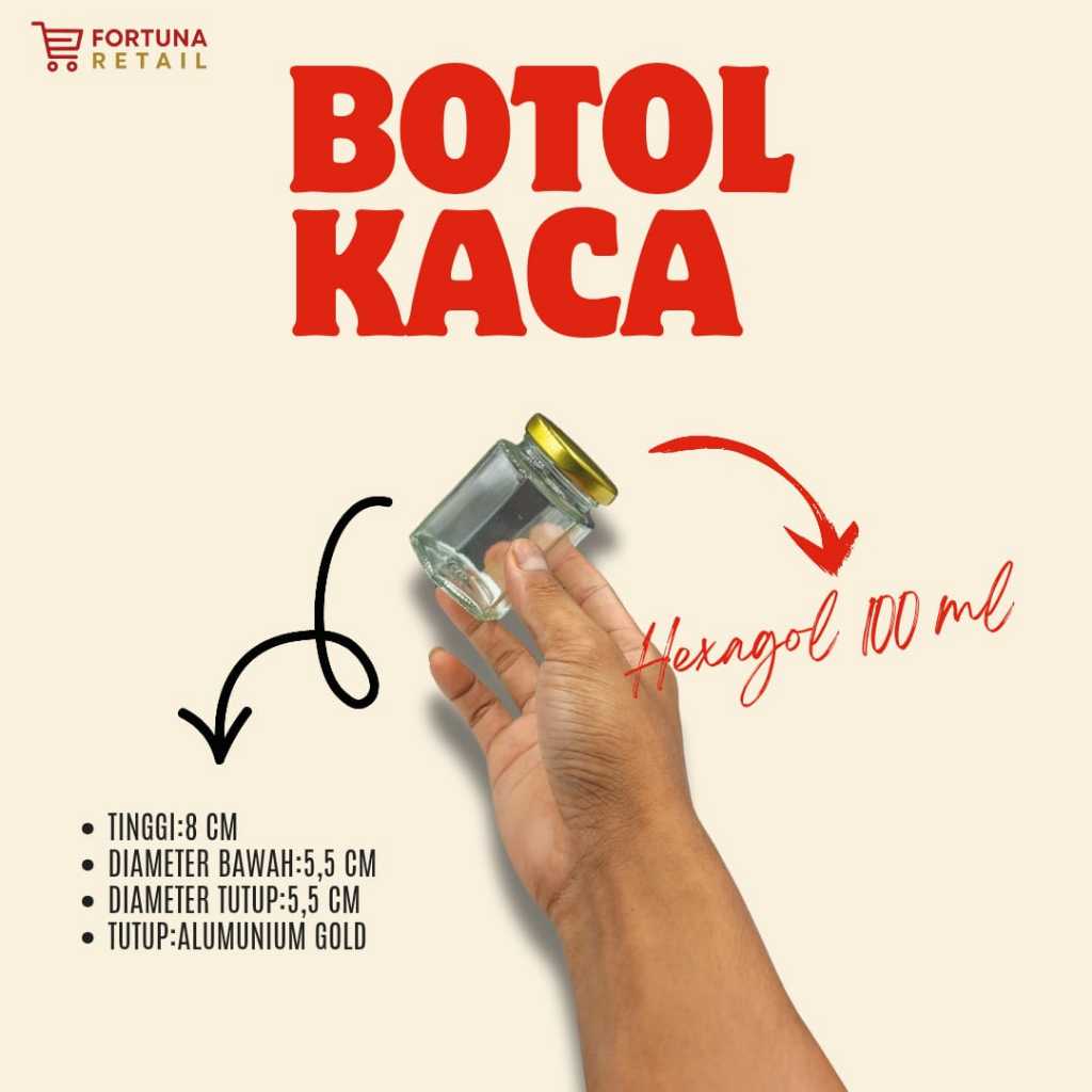 JKHX 100 ML/JAR KACA HEXAGONAL 100 ML/BOTOL KACA MADU/TUTUP ALUMUNIUM GOLD