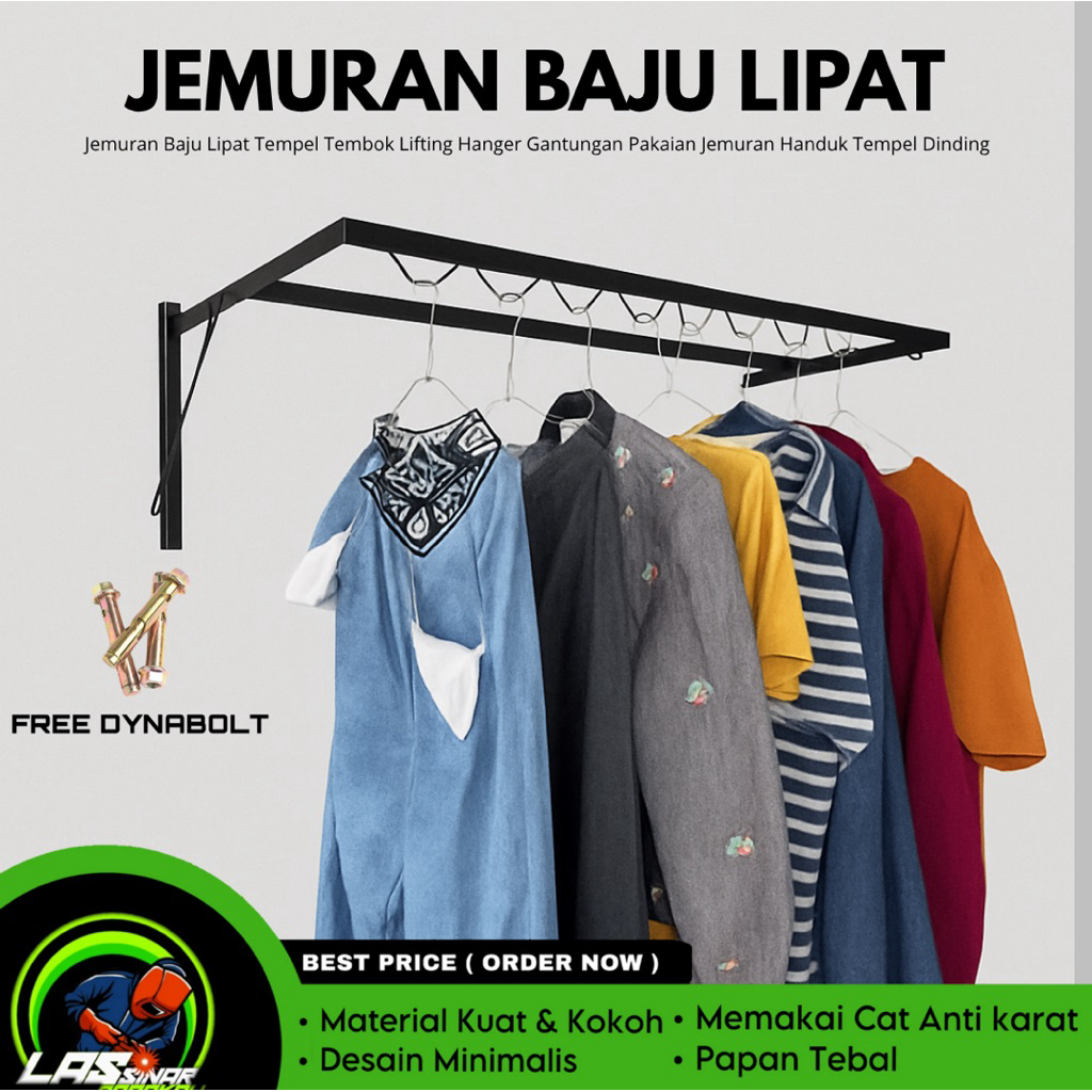 Jemuran Baju Lipat Dinding Besi Kuat Anti Karat | Jemuran Tempel Tembok Minimalis + Free Dynabolt