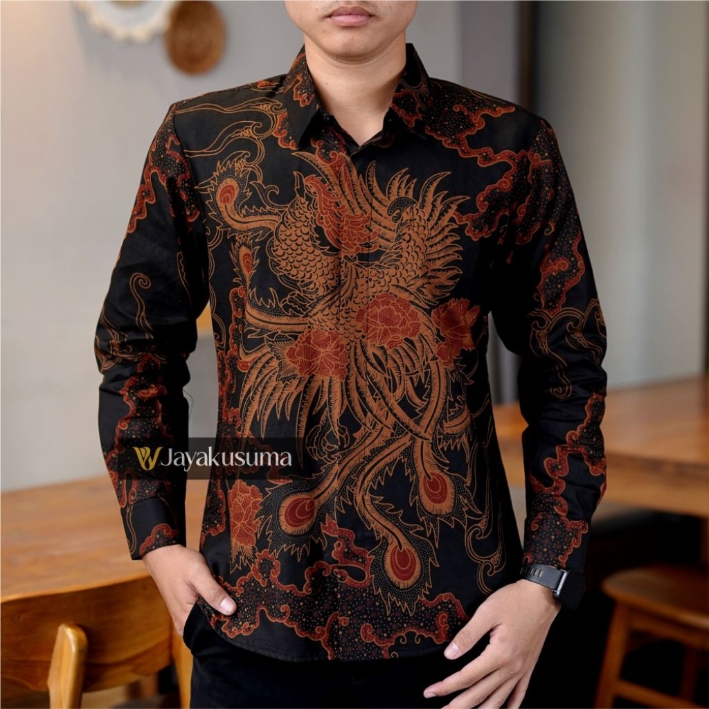 Kemeja Batik Motif Merak Hitam - Atasan Kemeja Batik Pria Slimfit Original Lengan Panjang Lapis Furi