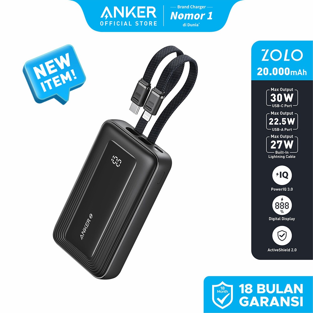 Anker Zolo Power Bank 20.000mAh 30W Max Fast Portable Charger with Built-in USB-C and MFi Certified 