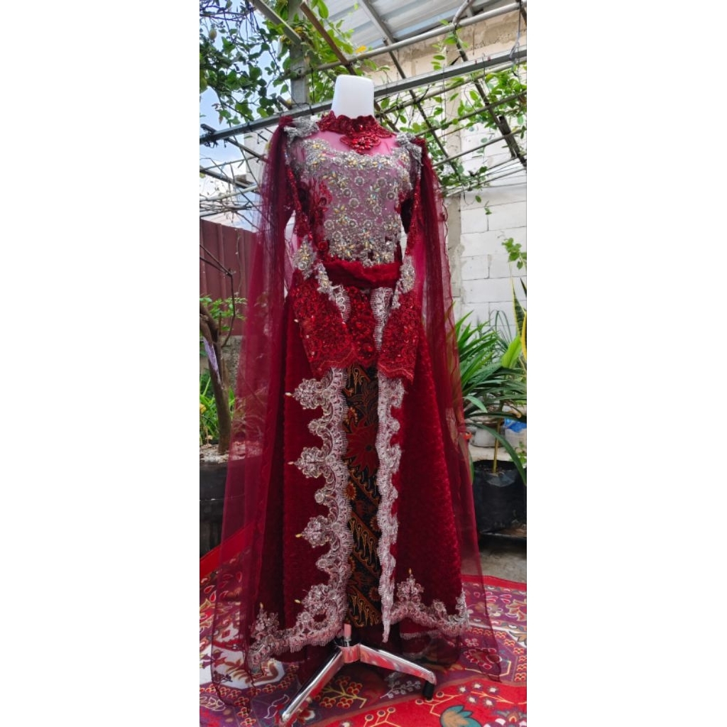 SALE Gaun Wedding / Pengantin Muslimah Murah Lengan Panjang Merah Marun Cantik - Slayer Lepas Pasang