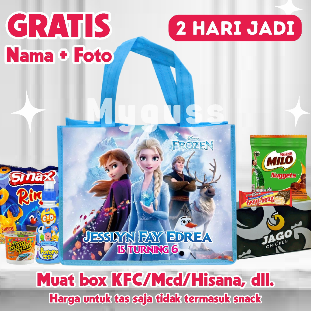 Tas Ultah Anak Free Nama Umur Foto||Goodie Bag Spunbond||Tas Custom Ulang Tahun Anak Tema Frozen