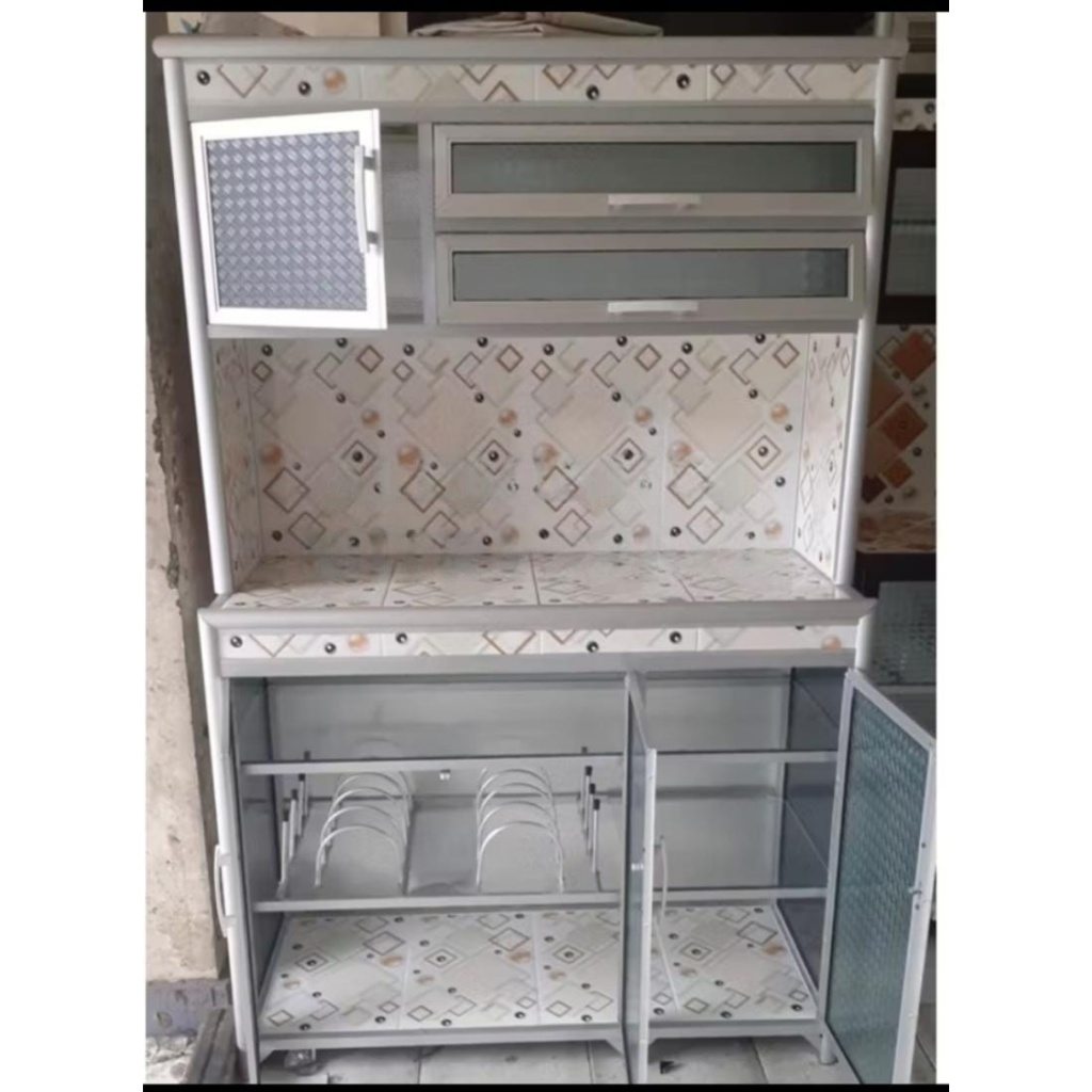 BACA DESKRIPSI/ Rak Piring Keramik Aluminium Kaca 3 Pintu SUPER TEBAL/ Rak Piring Aluminium/ Rak Pir