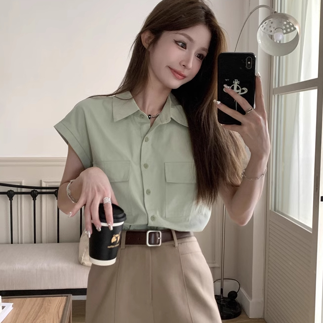 yikoo-Kemeja korea temperamen warna murni wanita rompi