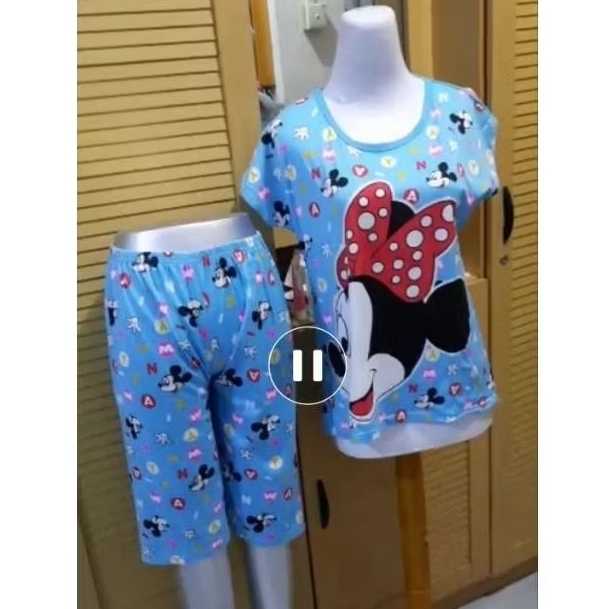 Baju tidur wanita satu stell uk all size -L micky maouse  harga batam warna biru langit