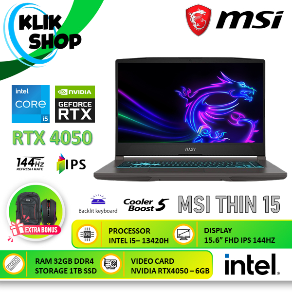 MSI Thin 15 Gaming Laptop i5 13420H 32GB 1TB SSD RTX4050 Cosmos Grey - Laptop Gaming Slim