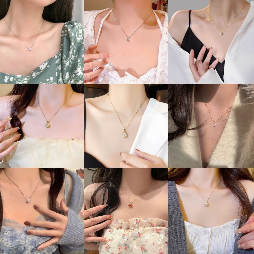 Kalung Rantai Emas Silver Liontin Kotak Hitam Kristal Mutiara Aksesoris Fashion Wanita Titanium Stee