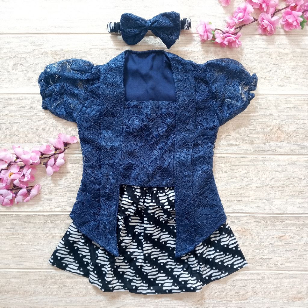 Set Kebaya Kutubaru Anak Bayi 9 Bulan Brukat Navy Batik Hitam Premium Free Bando
