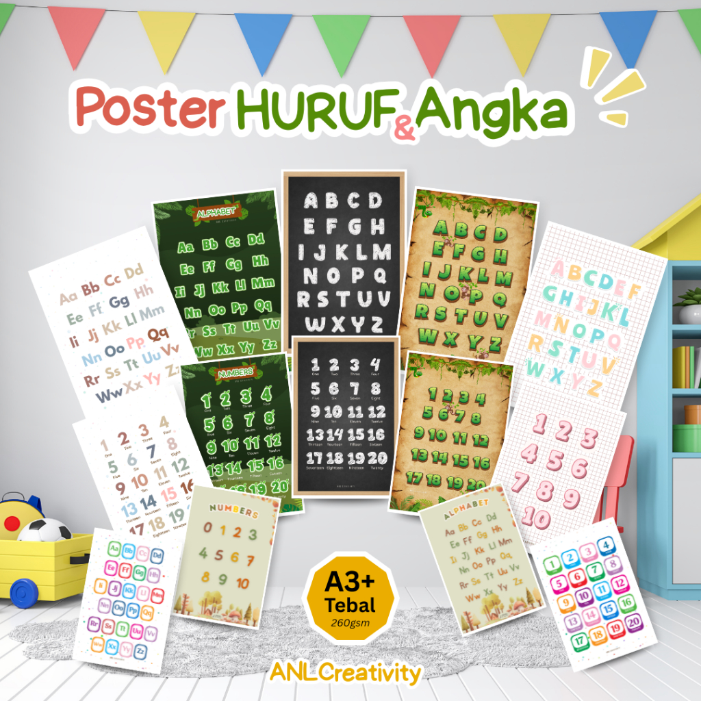 ANL PAKET HURUF DAN ANGKA  Poster Huruf dan Angka Edukasi Anak Poster Angka dan Huruf Untuk Anak Pos