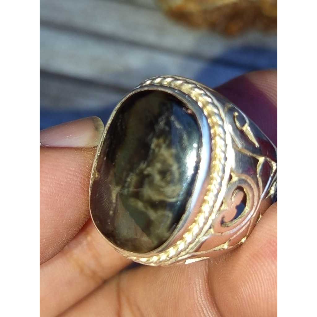 Natural BML Basaltic Bulu Goyang Octagon Big Size Ring Alpaka Ukir Mewah