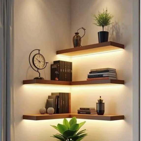 Rak Dinding Sudut Kayu Satu Set Tempel Dinding Rak Serbaguna Aesthetic