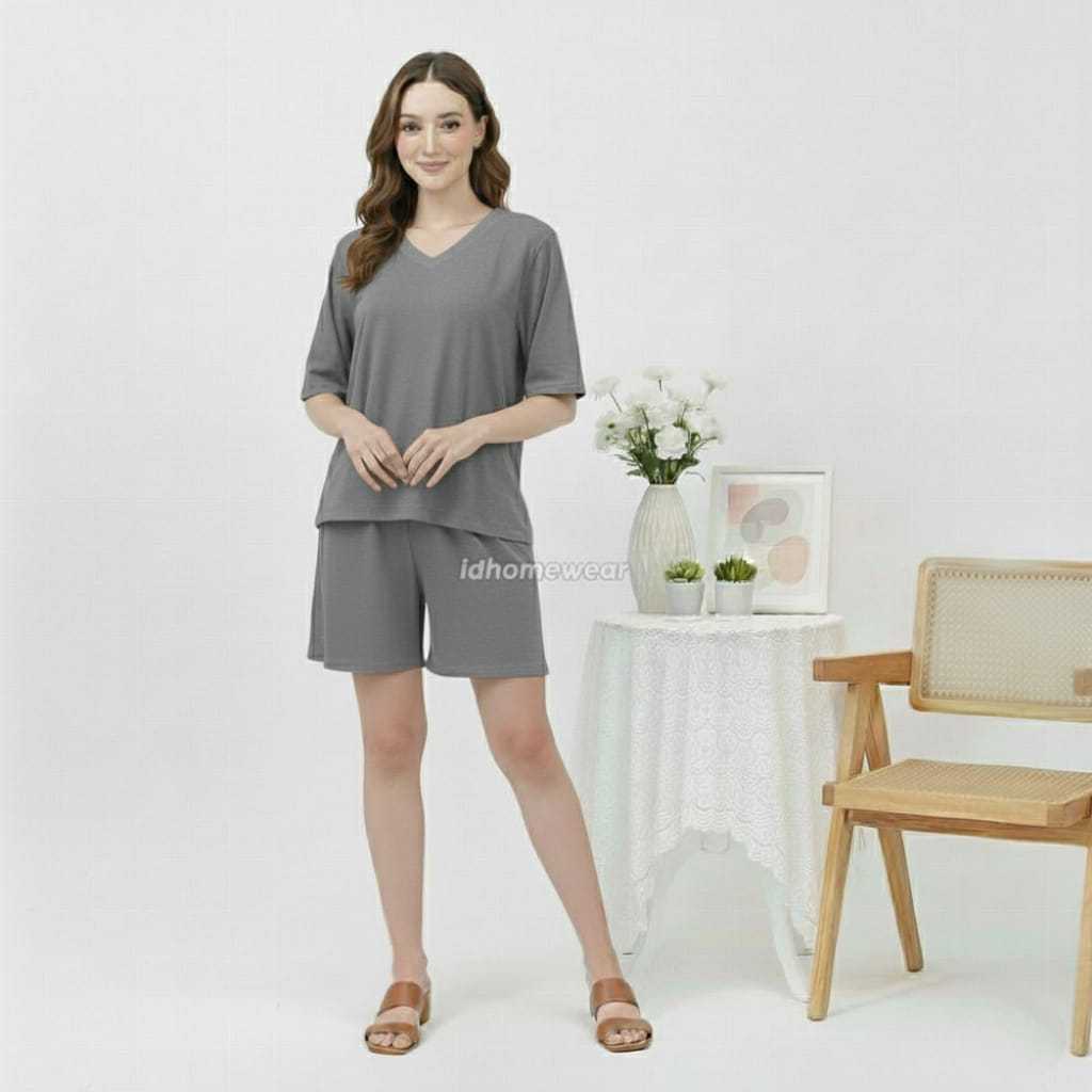 One Set Wanita Rayon Pendek V-Neck Setelan Baju Tidur Santai Rayon Premium V-Neck Tangan Pendek Cela