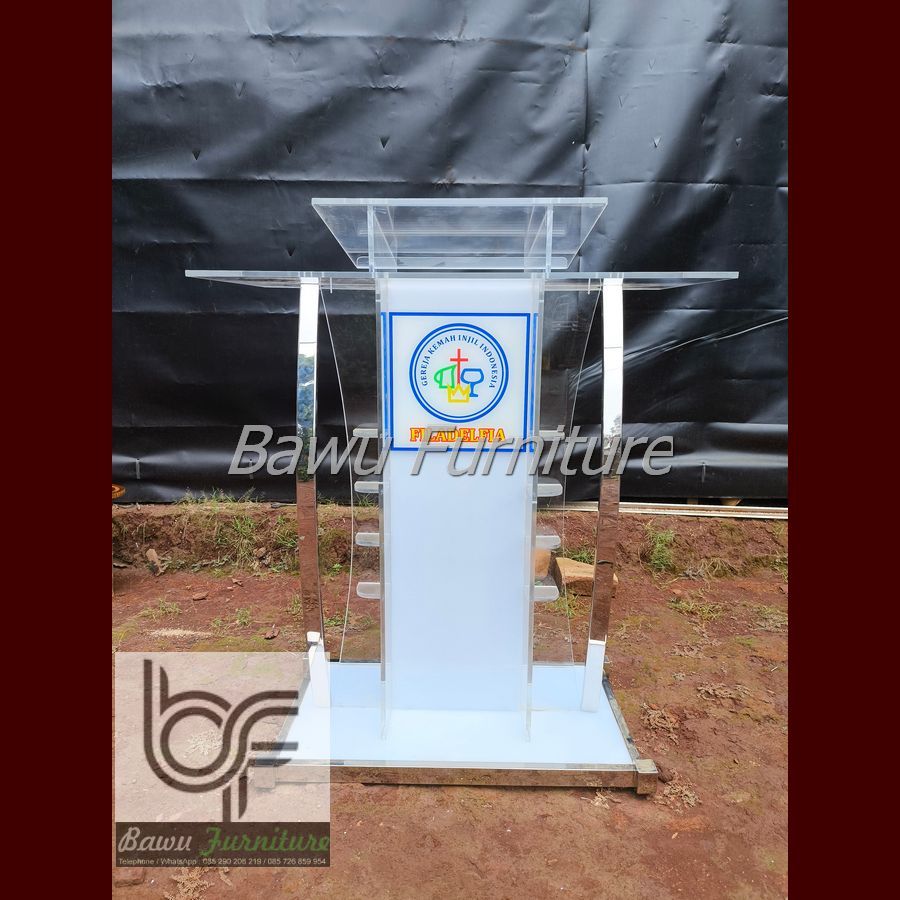 Mimbar Gereja Minimalis Akrilik Putih Kombinasi Stainless Steel