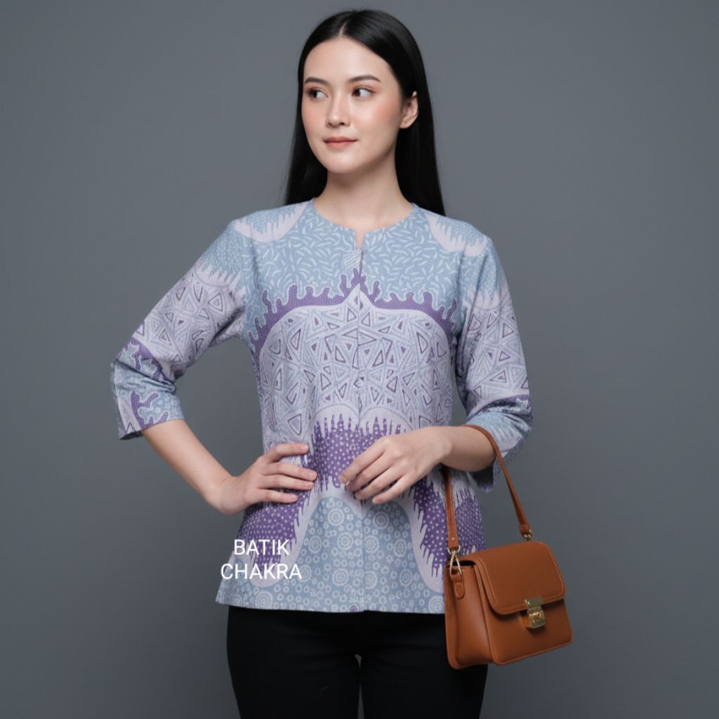 Blus batik wanita modern BLUE LILAC bahan katun lapis full trikot