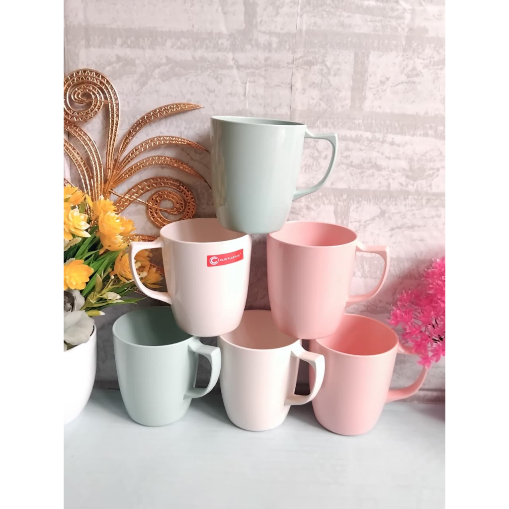 6 Pcs Cangkir Gelas Mug Gagang Kopi Teh Susu Plastik 350 Ml Warna Semi Melamin Tebal Tahan Panas