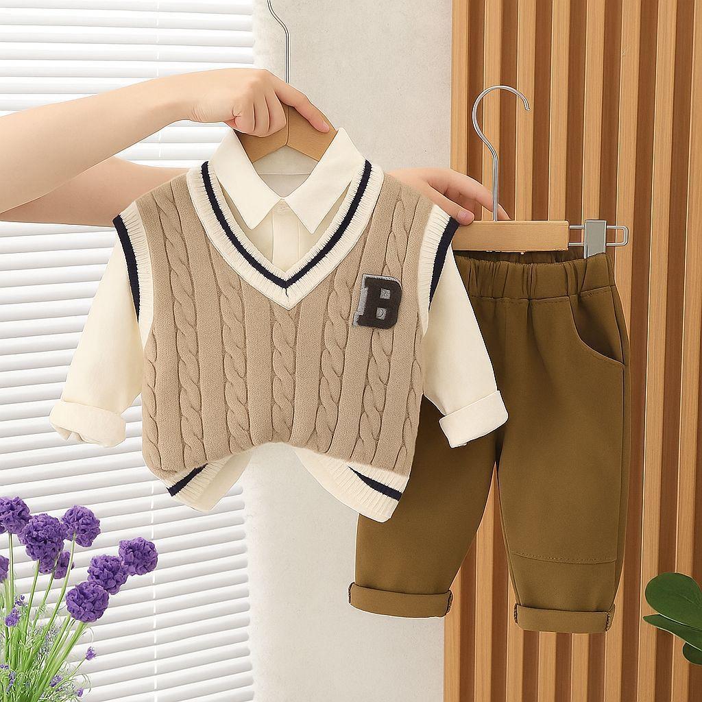 3in1 Rajut Anak Laki-laki 1-5 Tahun Motif B Kemeja Rompi Dan Celana Chinos