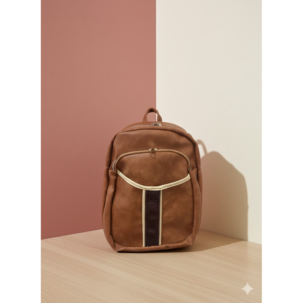 Maison MK - Tas Ransel Coklat Unisex Kulit Sintetis Premium - Backpack Pria Wanita Fashion Retro Ele