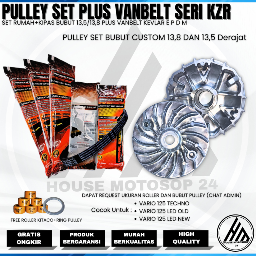 Pulley KZR Vietnam Parts Pulley Custom bubut 13,8 /13,5 dan 14 Derajat Set Pulley+Vanbelt Vario 125