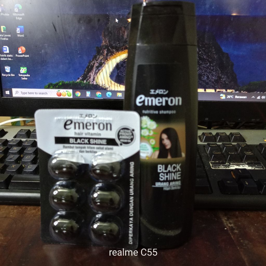 (paket 2IN1) Emeron black shine shampoo 170ml dan vit rambut sachet isi 6