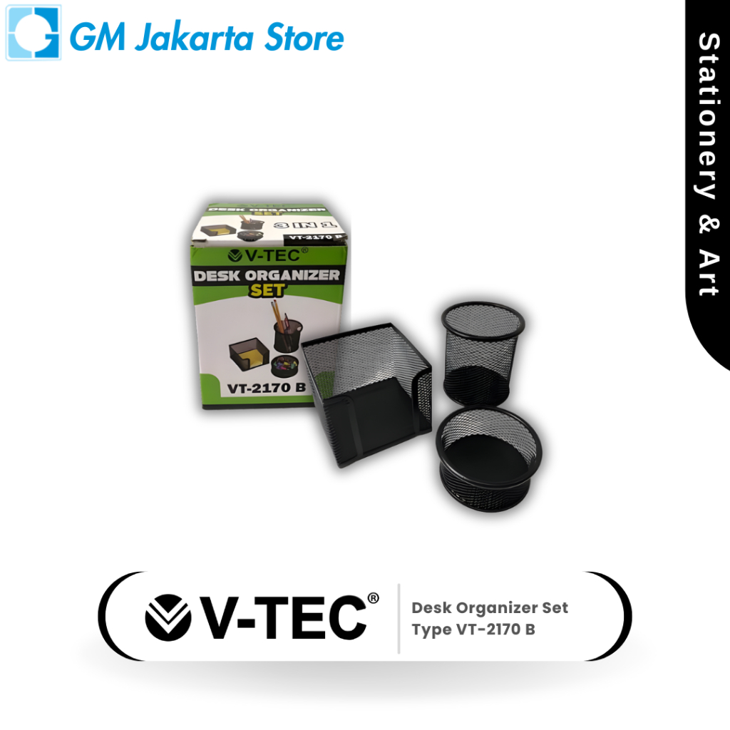 V-TEC Desk Organizer Set Type VT-2170 B Hitam 3-in-1 Organizer Meja Besi Jaring