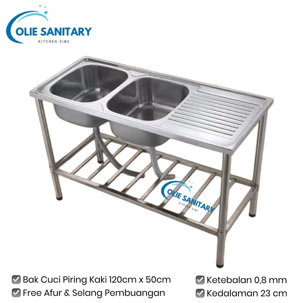 Wastafel Cuci Piring Kaki Stainless Portable 120cm x 50cm Bak Cuci Piring 2 Lubang Sayap Portabel Ra