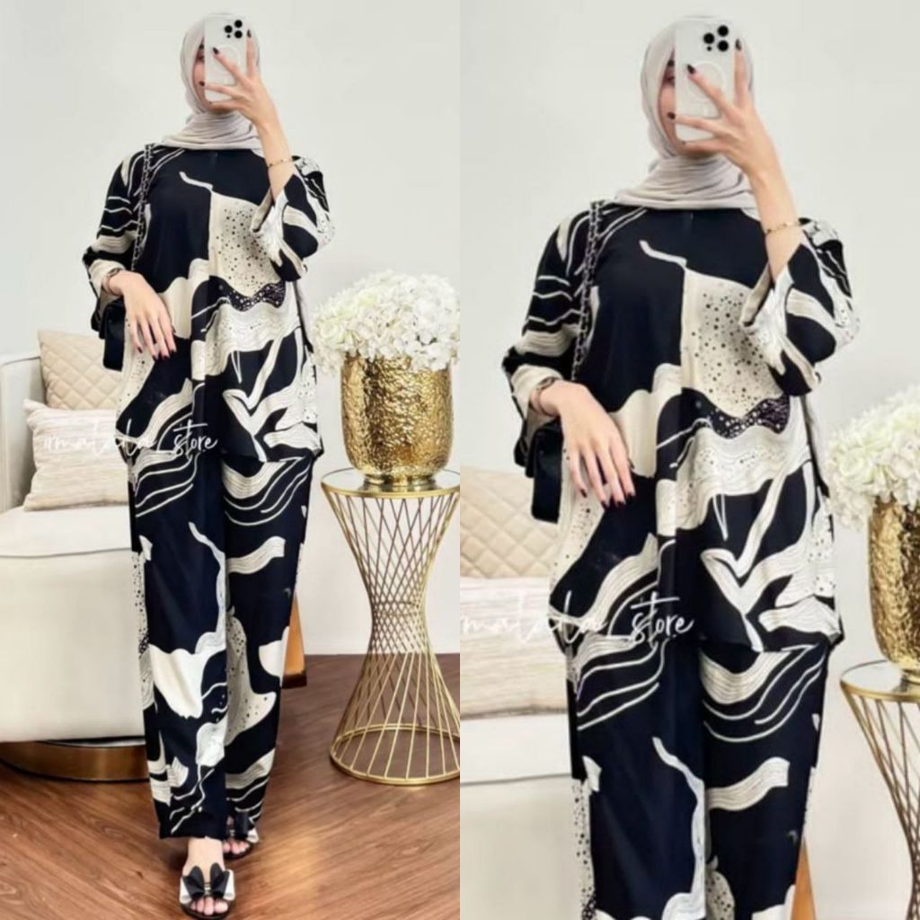 One Set Wanita Rayon Tebal Lengan 3/4 Setelan Wanita Kekinian Muslimah Busui Friendly Bumil Resletin